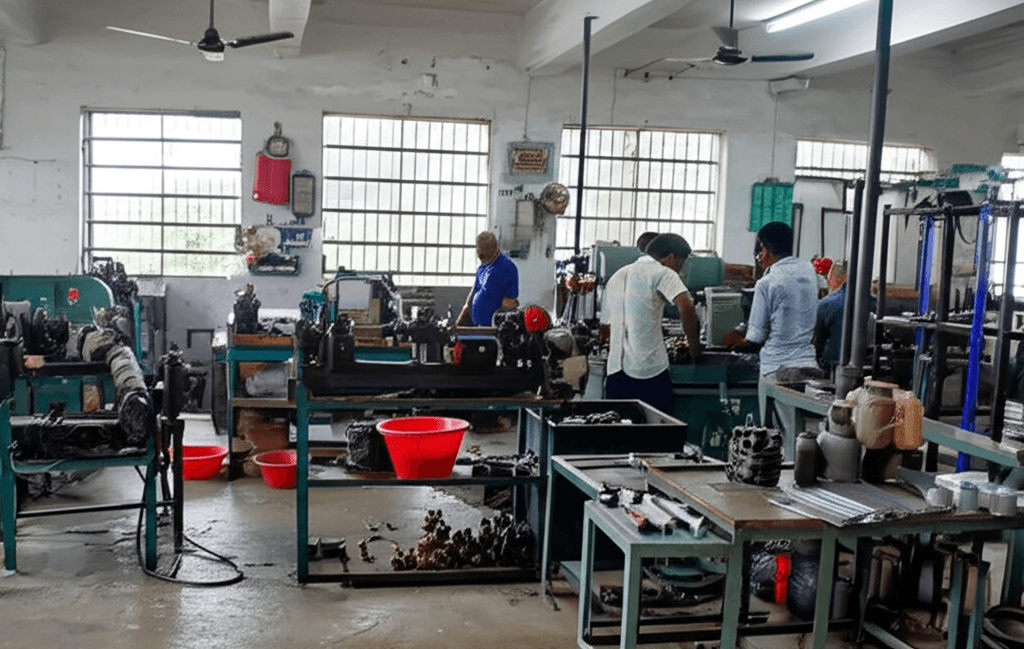 Indian MSME workshop with workers and traditional equipment